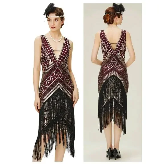 3792) Babeyond 1920 Flapper V neck Sequins Fringe Dress Large - Picture 1 of 9